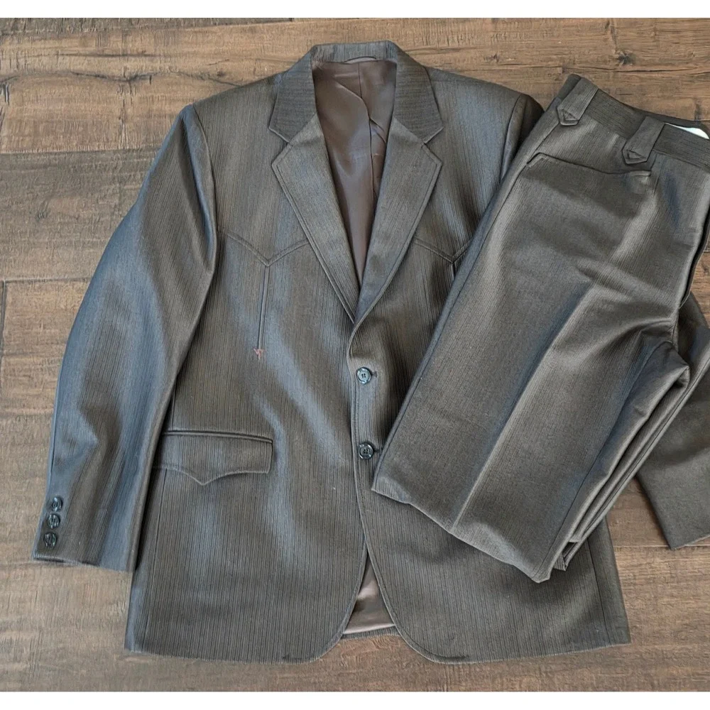 VTG RARE 70s Circle S Western Urban Wear Brown Textured Blazer Pants 44R USA